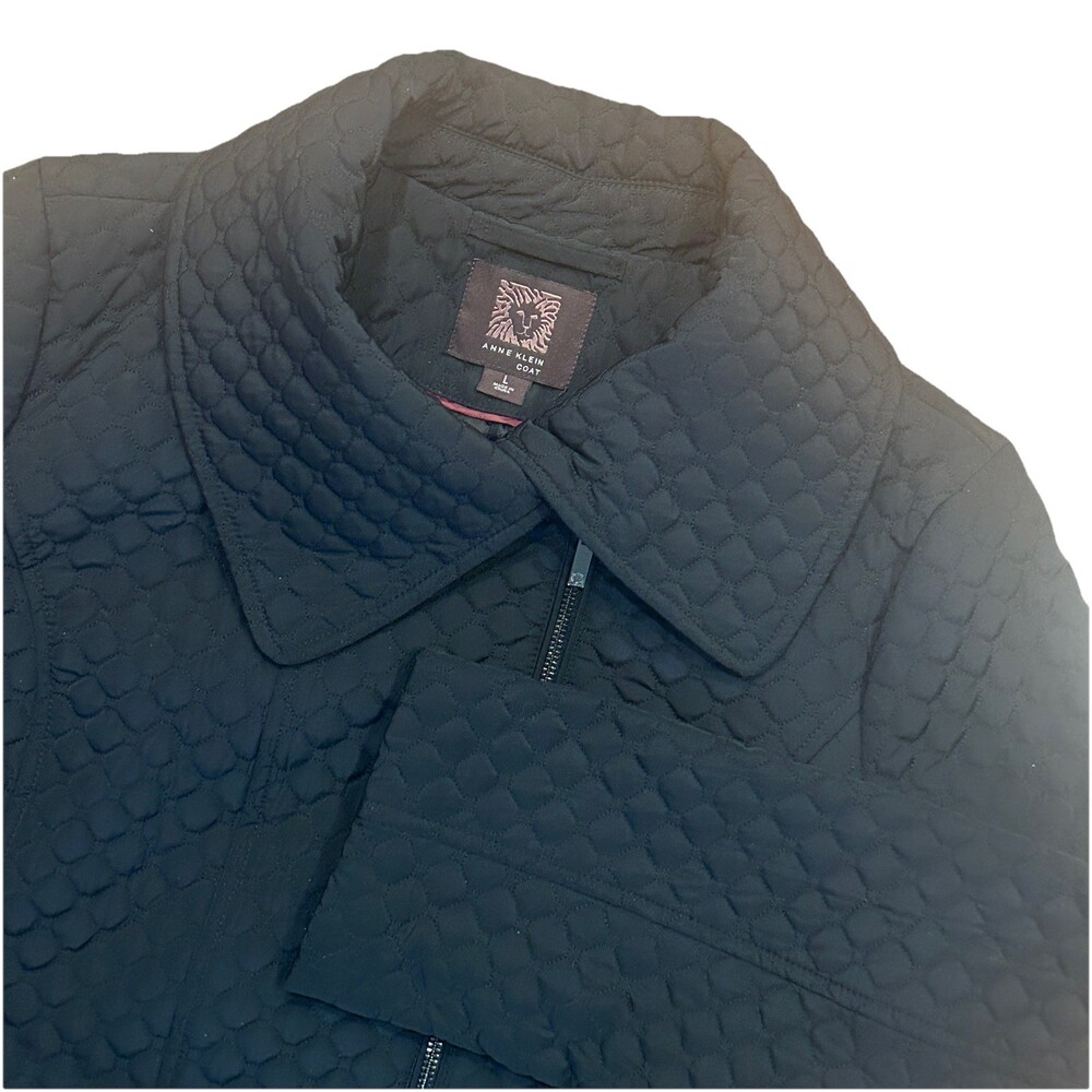Anne Klein Coat Quilted Womens L Zip Up Front Pockets Black Classic Modern